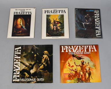 Frank Frazetta Books and Calendars: Frank Frazetta (American, 1928-2010) books and calendars. American, 1980's. Three books containing his fantasy art and illustration along with two calendars from 1979 and 1980. Some wear to books,