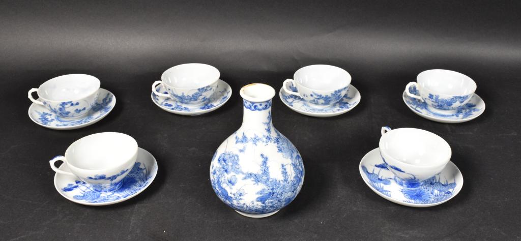 13 Piece Japanese Porcelain Tea Service: 6 Seto or Mino porcelain tea cups with saucers and matching tea server. 2 tea cups marked with 10 Character mark: "Dai Nippon Mino" by Kato Isuura, Meiji Period. Saucer: 5 1/2" Diameter. Tea Server: 6