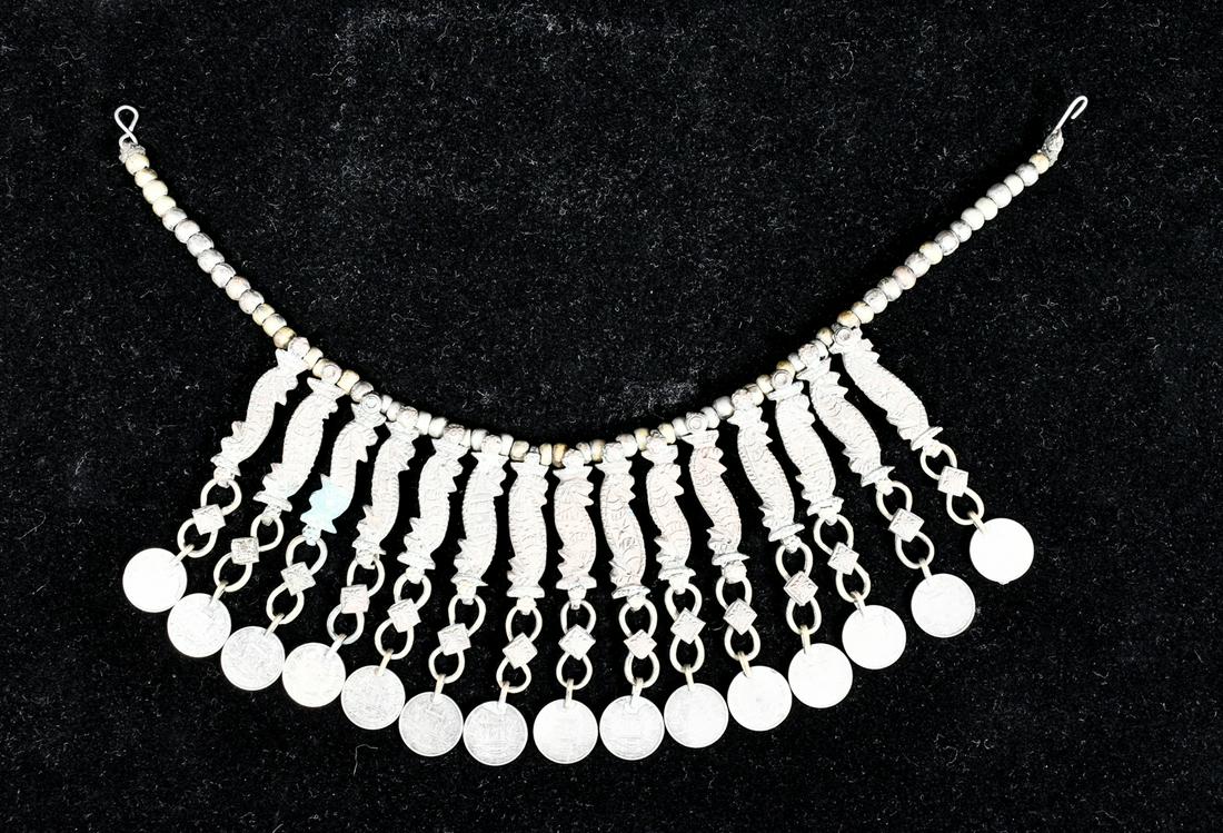 Ottoman Turkish Coin Necklace: Ottoman Turkish necklace. 15 coins, engraved segements, metal beads on a fabric or yarn thread. S hook clasp. 13 1/2" L . 5 1/2" Diameter.