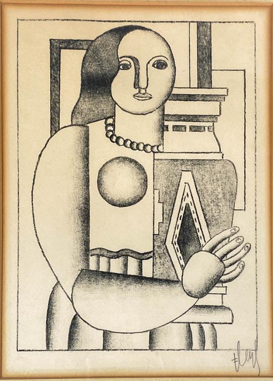 Fernand Leger Woman Holding a Vase Lithograph: Fernand Leger (French, 1881â€“1955) lithograph titled "Femme tenant un Vase" or Woman Holding a Vase, 1928. Signed lower right. Sight: 10 3/4" x 7 3/4", Frame: 17 1/2" x 14". Mat burn on the edge