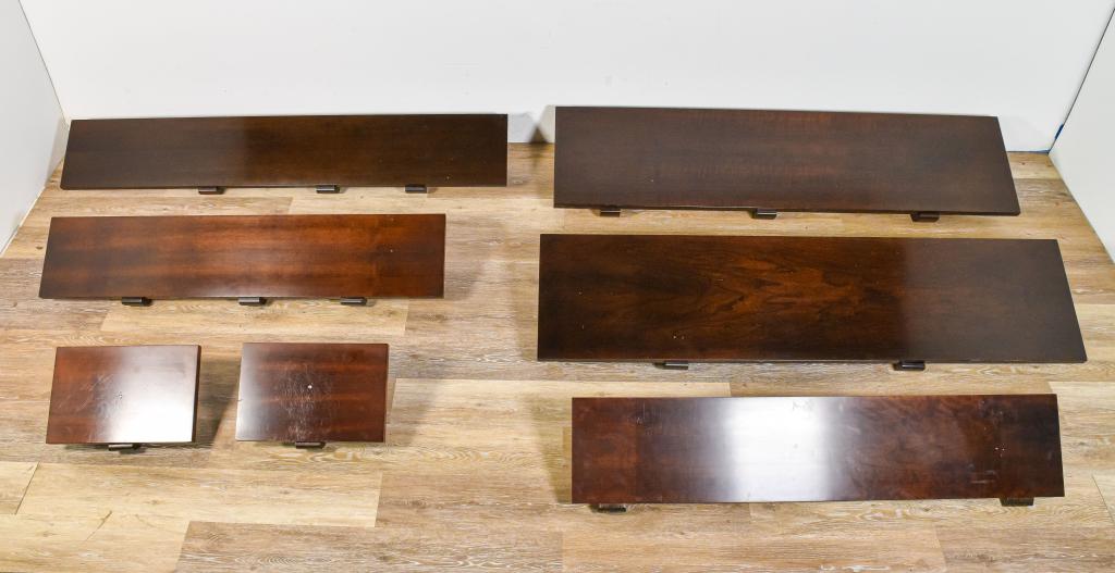 Harvey Probber for Directional Wall Shelves: Harvey Probber (American, 1922-2003) for Directional wall shelves. American, Mid 20th Century. 15 mahogany wall brackets, 2 with mounted shelves, 5 long mahogany shelves. Some brackets marked "VD" on 