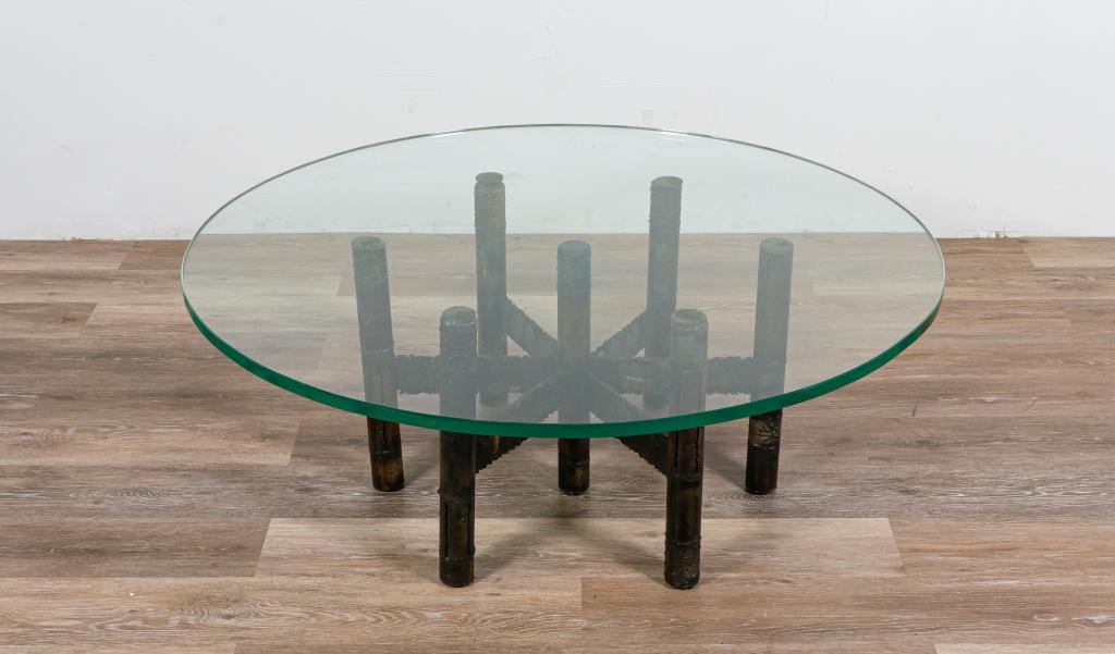 Paul Evans for Directional Cocktail Table: Paul Evans (American, 1931-1987) for Directional Brutalist cocktail table. American, 1970s. Torch-cut and welded polychromed steel and thick glass. Steel posts form an hexagonal base to support a circ