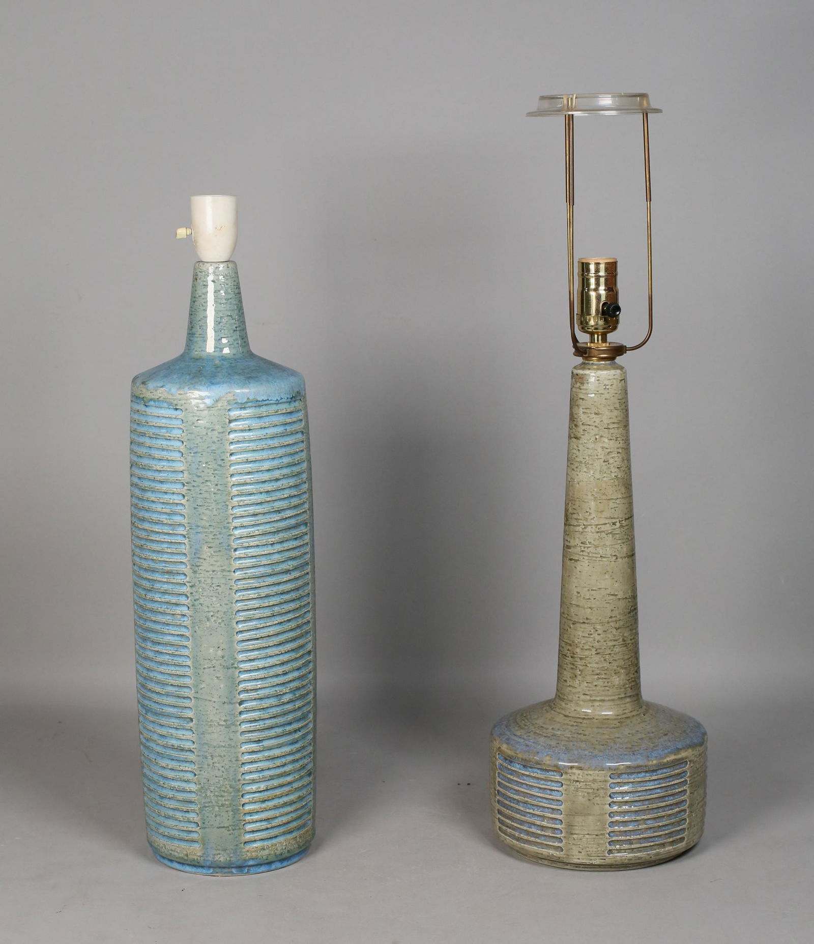 2 Per Linnemann-Schmidt Palshus Table Lamps: 2 Per Linnemann-Schmidt (Danish, 1912-1999) pottery table lamps for Palshus, circa 1960. Model DL-26 and DL-27/2. Inscribed on base "Palshus Denmark APL-S" with model numbers. Socket detached from Mod