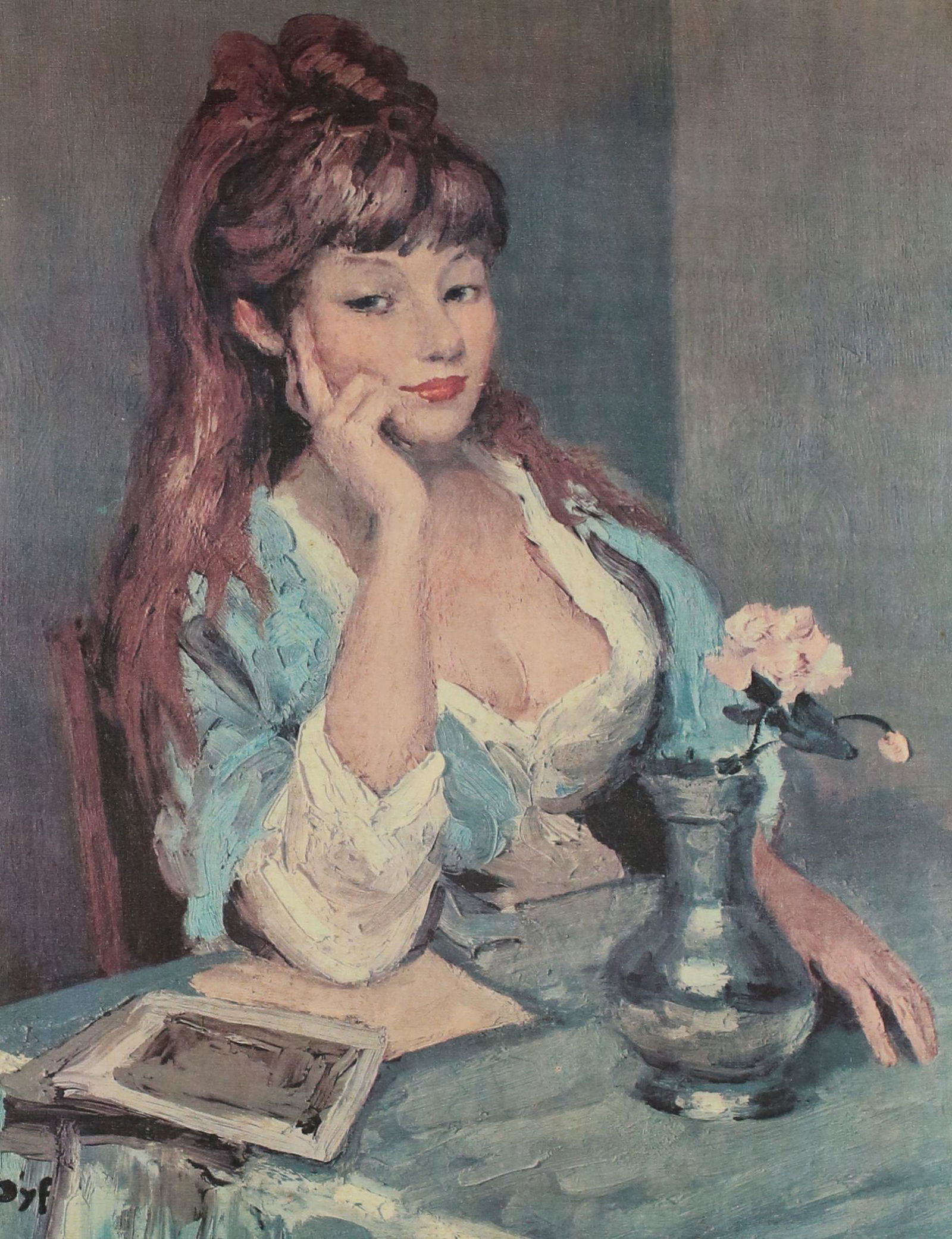 After Marcel Dyf "Claudine and The Red Rose" Print: After Marcel Dyf (French, 1899-1985) print on canvas "Claudine and The Red Rose". Discoloration and waviness to the print. Sight: 27 1/4" x 21". Frame:36" x 30 1/4".