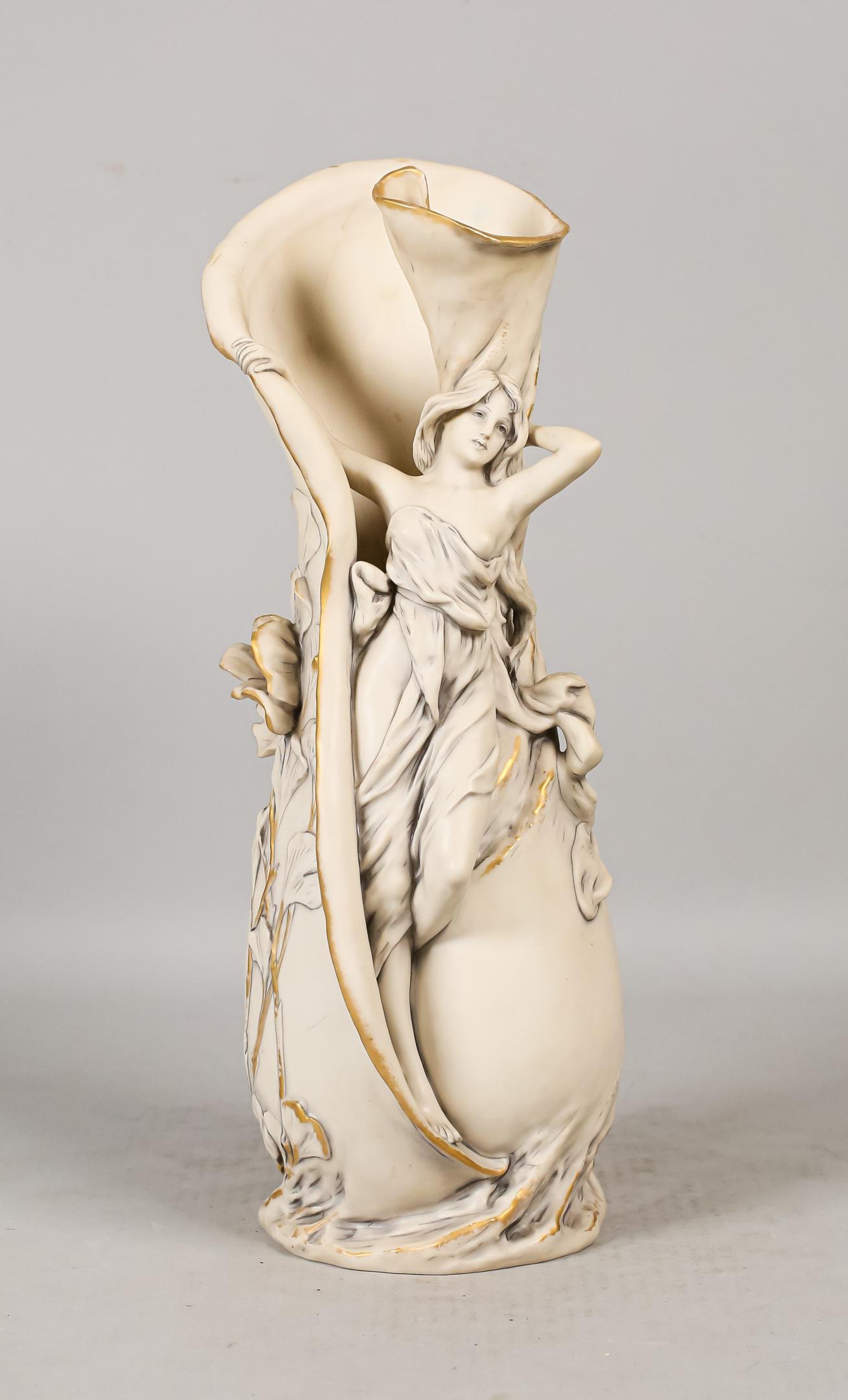 Royal Dux Bohemia Art Nouveau Vase: Royal Dux Bohemia art nouveau porcelain vase. Impressed triangle mark with inscribed form number 851 on underside. Wear to gilt on vase. Vase: 15 1/4" H.