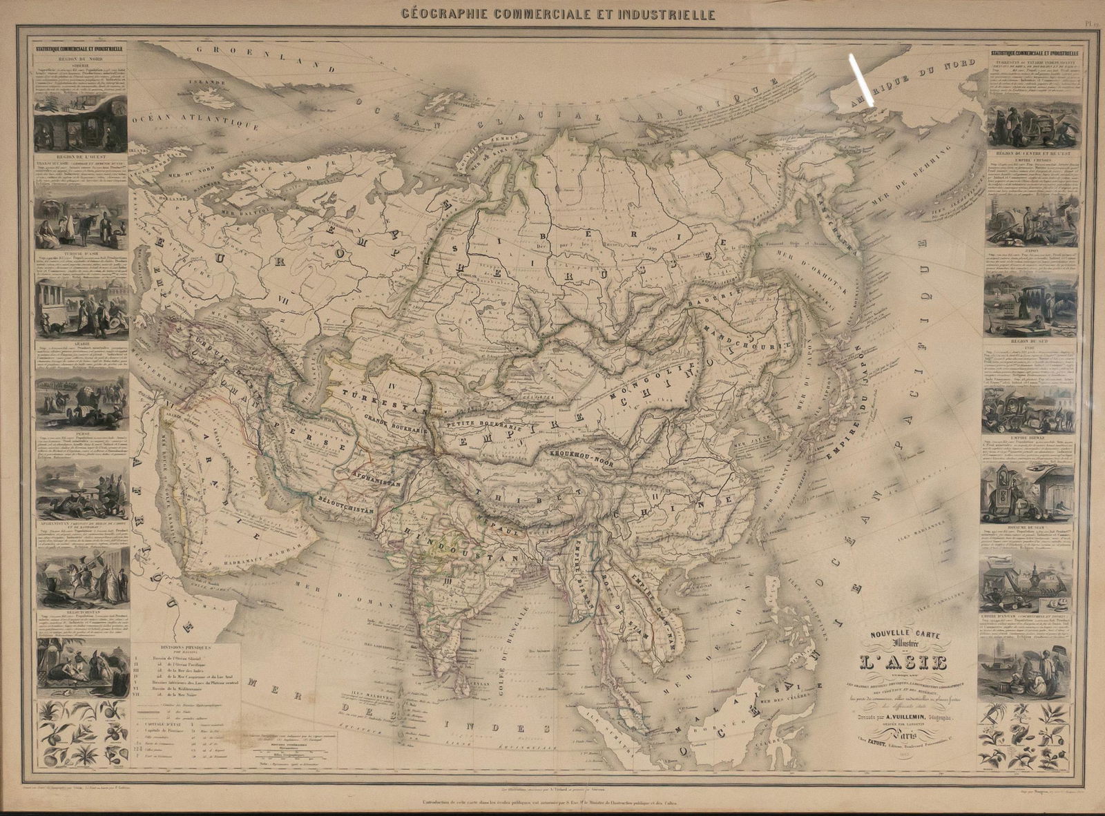Alexandre Vuillemin Map of Asia, 1863: Alexandre Vuillemin (French, 1812-1880) New Illustrated Map of Asia, printed in French. Engraved outline, hand colored. Including 14 vignettes views of different countries in Asia and 2 sections of fr