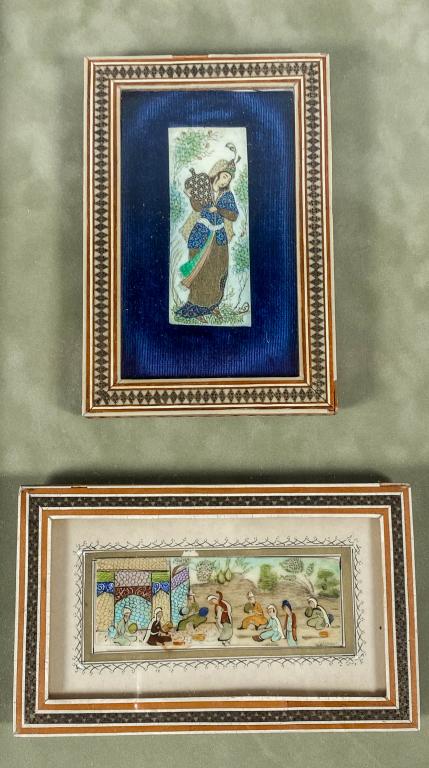2 Iranian Persian Miniatures H. Ali Sajjadi: H. Ali Sajjadi ( Iranian, 20th Century) miniatures on bone in khatam marquetry frame. Both are displayed in a shadow box. Sight: 4" H x 6" W and 6" H and 4" W. Frame: 15" H x 10 1/4" W.