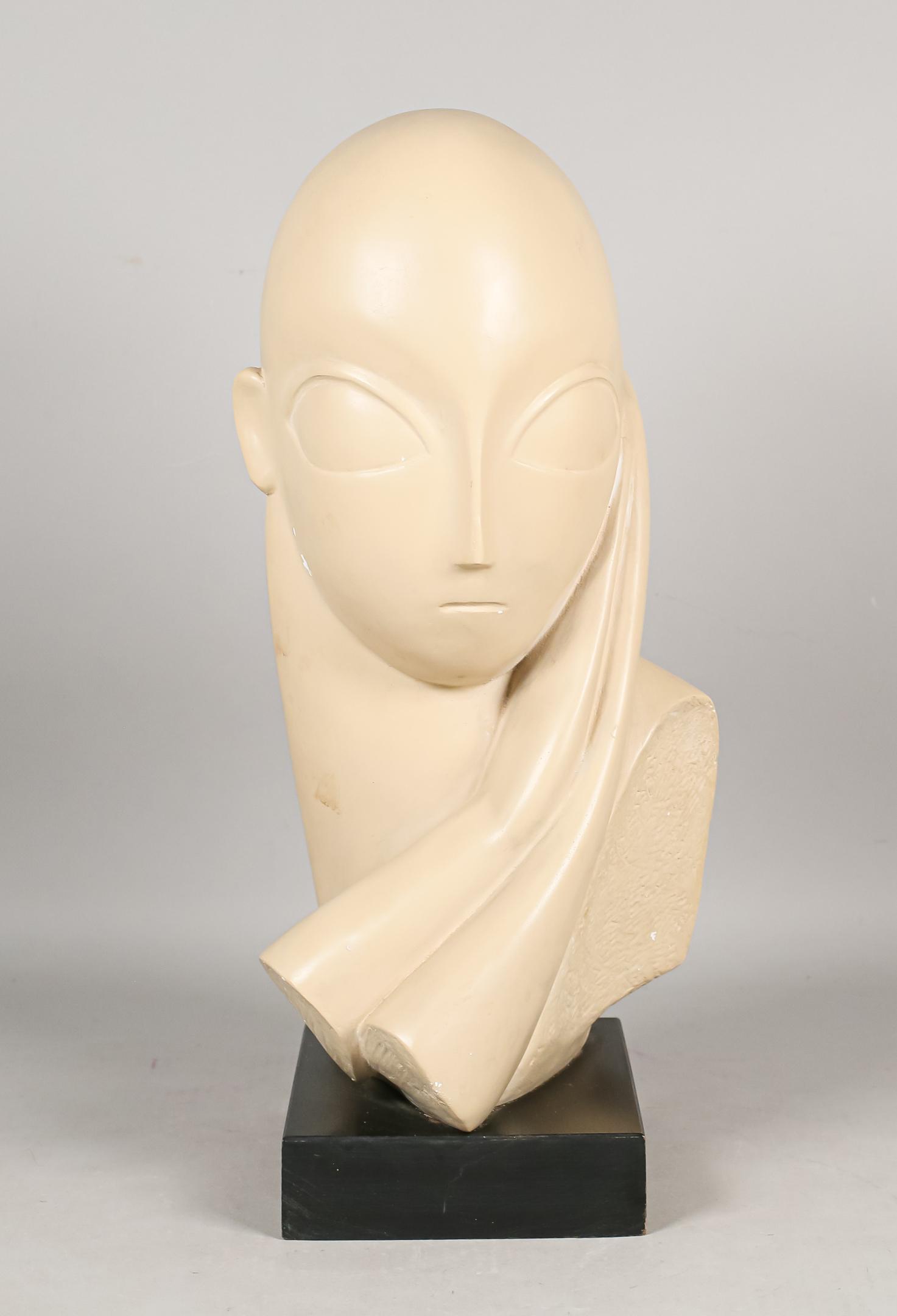 After Constantin Brancusi Mademoiselle Pogany Bust: After Constantin Brancusi (Romanian/French, 1876-1957) pottery bust "Mademoiselle Pogany". Marked on verso "Copyright 1961". Chips to paint below ear, lip and lower right. Crack to front of wood base.