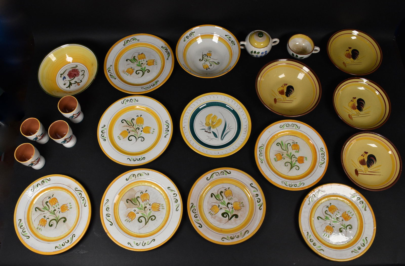 20 Pieces Stangl Pottery Dinnerware: 20 pieces Stangl pottery dinnerware, including: 4 Terra Rose dinner plates, 4 Terra Rose salad plates, 1 Terra Rose serving bowl, 3 Rooster soup bowls, 1 Rooster serving bowl, 4 egg cups, 1 Blueberry