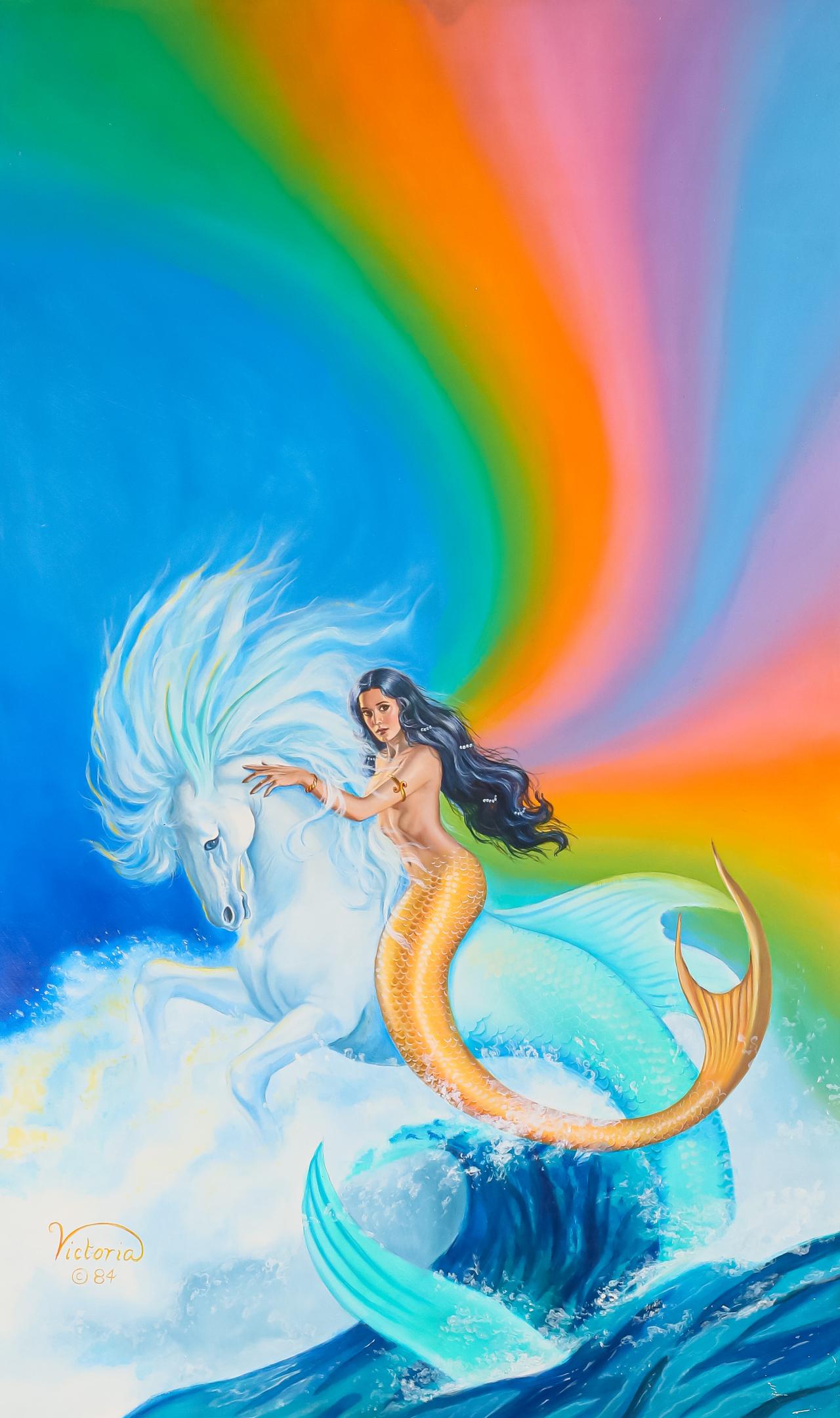 Victoria Poyser-Lisi Acrylic on Wood Panel: Victoria Poyser-Lisi (American, 20th Century) fantasy acrylic on wood panel, "Tales of The Sea". Signed and dated lower left. Signed and titled on verso. This illustration appeared on the cover of Moo