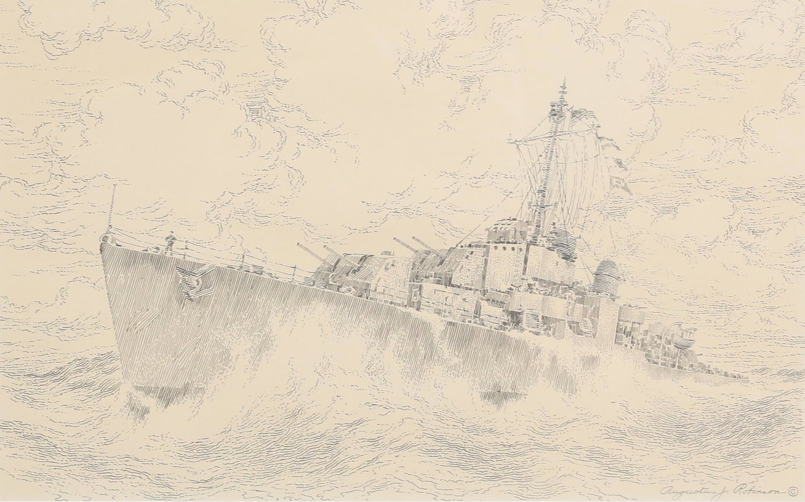 Augustus J Robinson Etching USS Robert H Smith: Augustus J Robinson etching of the USS Robert Smith. With handwritten info on verso. Sight size: 6 7/8" x 10 7/8". Frame size: 11 3/4" x 15".