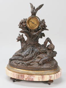 Charles Georges Ferville Suan White Metal Clock: Charles Georges Ferville Suan (French, 1847-1925) white metal mantle clock, Vigilance. Marble base. Clock by The Lux Clock Mfg. co. Inscribed on verso with foundry mark. 12 1/2" L x 7" W x15" H. Wear