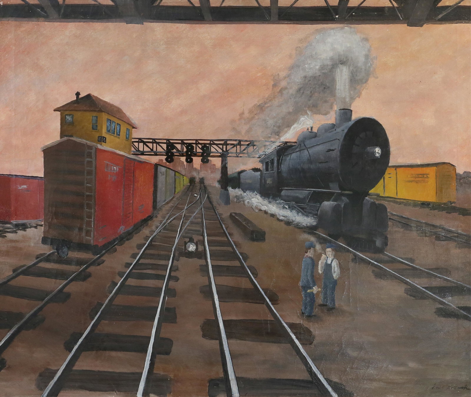 Louis Wolchonok Oil on Canvas Trains: Louis Wolchonok (American New York, 1898 - 1973), oil on canvas trains, signed lower right, "Louis Wolchonok", stamped on verso "The Estate of Louis Wolchonok". Repairs to canvas, flaking to paint upp