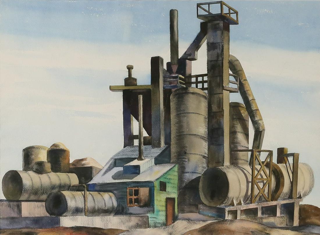 Louis Wolchonok Watercolor on Paper: Attributed to Louis Wolchonok (New York, 1898 - 1973), watercolor on paper industrial landscape. With Louis Wolchonok estate stamp attached on verso. Sight size: 17" x 22 1/2". Frame size: 27 1/4" x 3