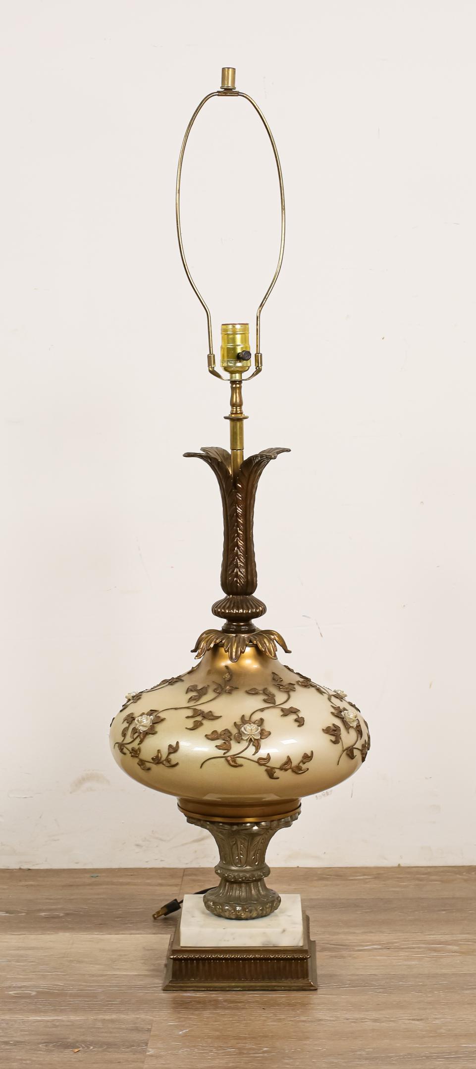 Victorian Style Glass and Enamel Lamp: Victorian style glass and enamel lamp. Mounted on marble base with bronze and metal fittings. Not tested. 7"L x 7"W x 42" base to finial.