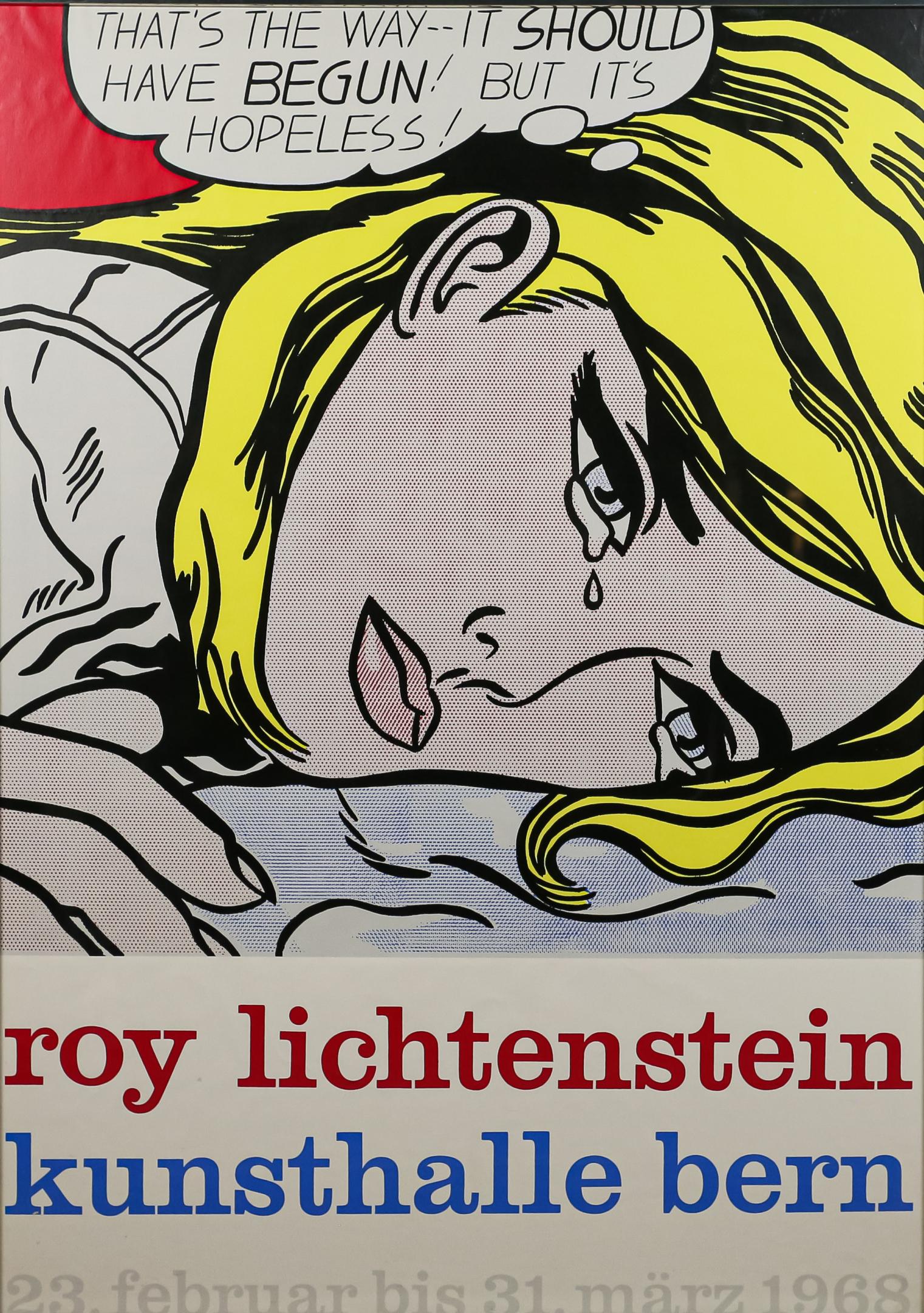 Roy Lichtenstein Kunsthalle Bern Exhibition Poster: Roy Lichtenstein (American, New York, 1923-1997). Exhibition poster for the Kunsthalle Bern (Switzerland). Silkscreen on paper, 1968. Wear around chrome frame and on plexiglass.. Slight tears to backi