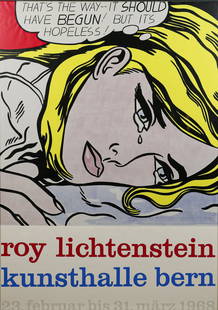 Roy Lichtenstein Kunsthalle Bern Exhibition Poster: Roy Lichtenstein (American, New York, 1923-1997). Exhibition poster for the Kunsthalle Bern (Switzerland). Silkscreen on paper, 1968. Wear around chrome frame and on plexiglass.. Slight tears to