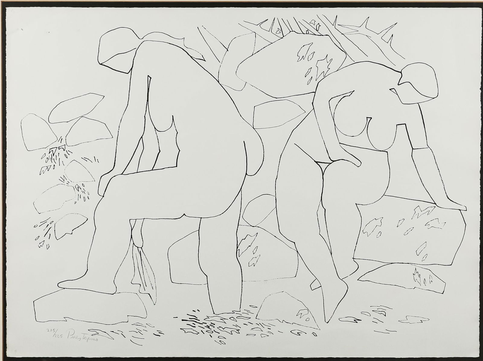Gregorio Prestopino Lithograph Nudes Bathing: Gregorio Prestopino (American, New York, 1907-1984). Lithograph nudes bathing. Pencil signed Prestopino and numbered 215/225 lower left. On watermarked CMF Fabriano paper. 22" x 30" (with frame 28 1/2