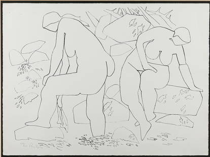 Gregorio Prestopino Lithograph Nudes Bathing: Gregorio Prestopino (American, New York, 1907-1984). Lithograph nudes bathing. Pencil signed Prestopino and numbered 215/225 lower left. On watermarked CMF Fabriano paper. 22" x 30" (with frame 28