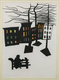 Gregorio Prestopino Serigraph Park Bench: Gregorio Prestopino (American, New York, 1907-1984). Serigraph Park Bench. On Strathmore Artist paper, with blindstamp. Pencil signed and numbered 39/60 lower left, with additional info on verso. 29"