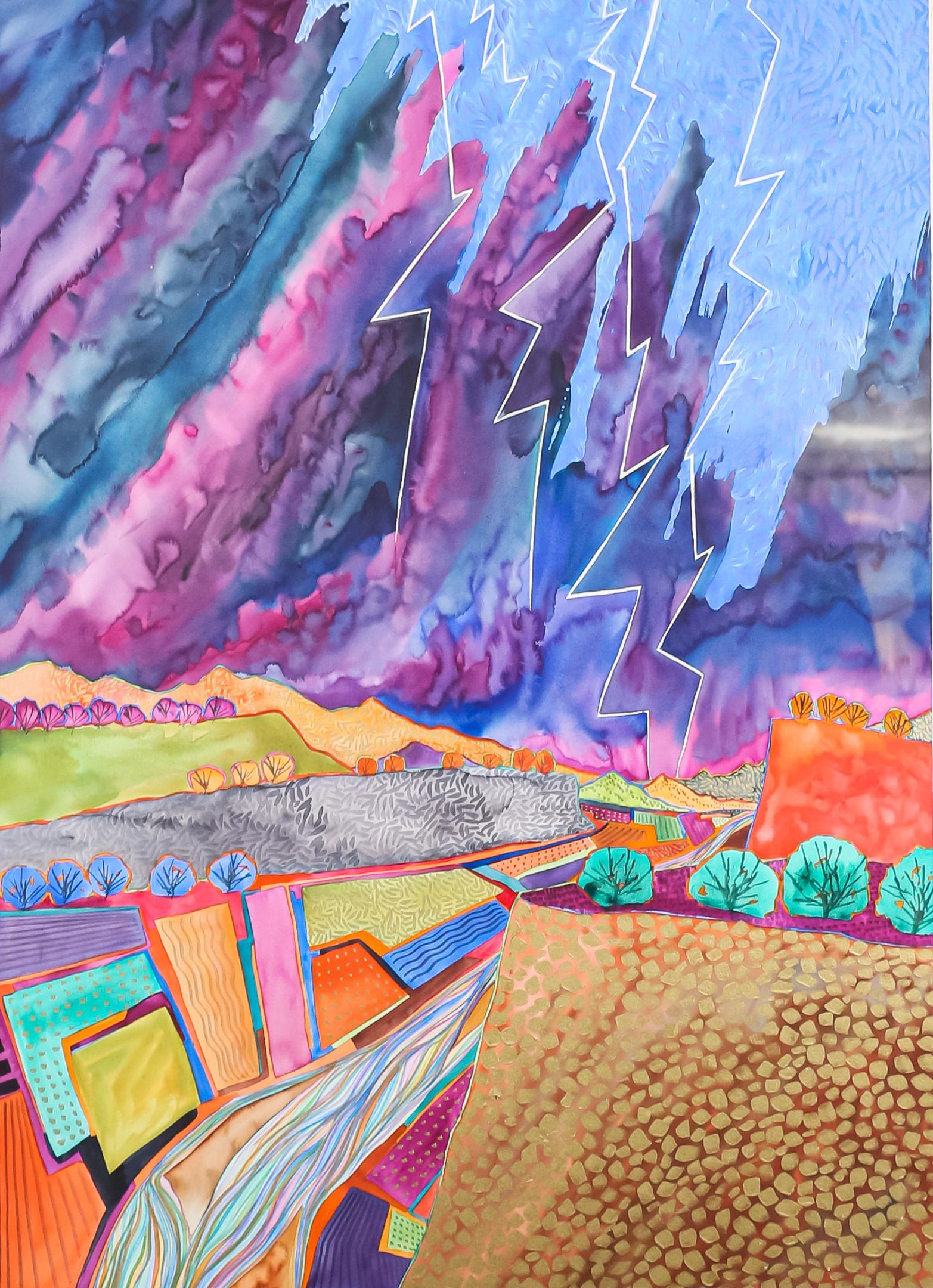 Fran Larsen Watercolor Summer Lightning: Fran Larsen (American, Michigan / New Mexico, 1937). Watercolor Summer Lightning. With hand painted mat, in hand carved and painted frame. Circa 1993. Signed Larsen lower right. With additional info o