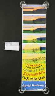 David Hockney Offset Lithograph with Silkscreen: David Hockney (British, b. 1937) Remember That You Cannot Look at the Sun or Death for Very Long, 2021. Offset lithograph with silkscreen overlay. Edition 894 out of 3000. Numbered on label on verso.