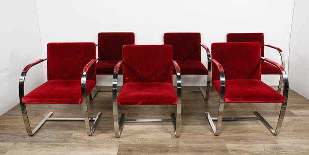 6 Ludwig Mies van der Rohe Brno Modernist Chairs: Ludwig Mies van der Rohe (German, 1886-1969). Set of6 modernist Brno chairs. Model number MR50 with flat steel. Damage and wear to upholstery. 32" H x 23"W x 20"D