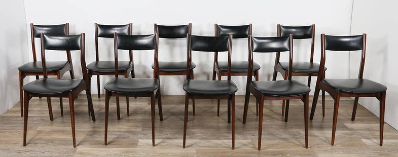 Set of 10 Danish Modern Dining Chairs: Set of 10 Danish modern dining chairs. Mid 20th century. Rosewood, black leather seat and back splat, tapered dowel legs. Back splat to one chair repaired, remnants of glue on back of one chair. Some