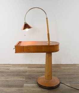 Massimo Scolari for Giorgetti Talo Bedside Table: Massimo Scolari (Italian, born 1943). "Talo" bedside table for Giorgetti. 20th Century. Fluted column in maple wood, cherry wood top, brass lamp with copper shade. Metal Giorgetti tag on underside.