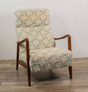 Finn Juhl Style Danish Modern Lounge Chair: Finn Juhl (Danish, 1912-1989) style Danish modern chair. Mid-century modern, teak, dowel feet, upholstered white and teal pattern cushioning.Fraying to cushion, wear to arms and legs, pilling to