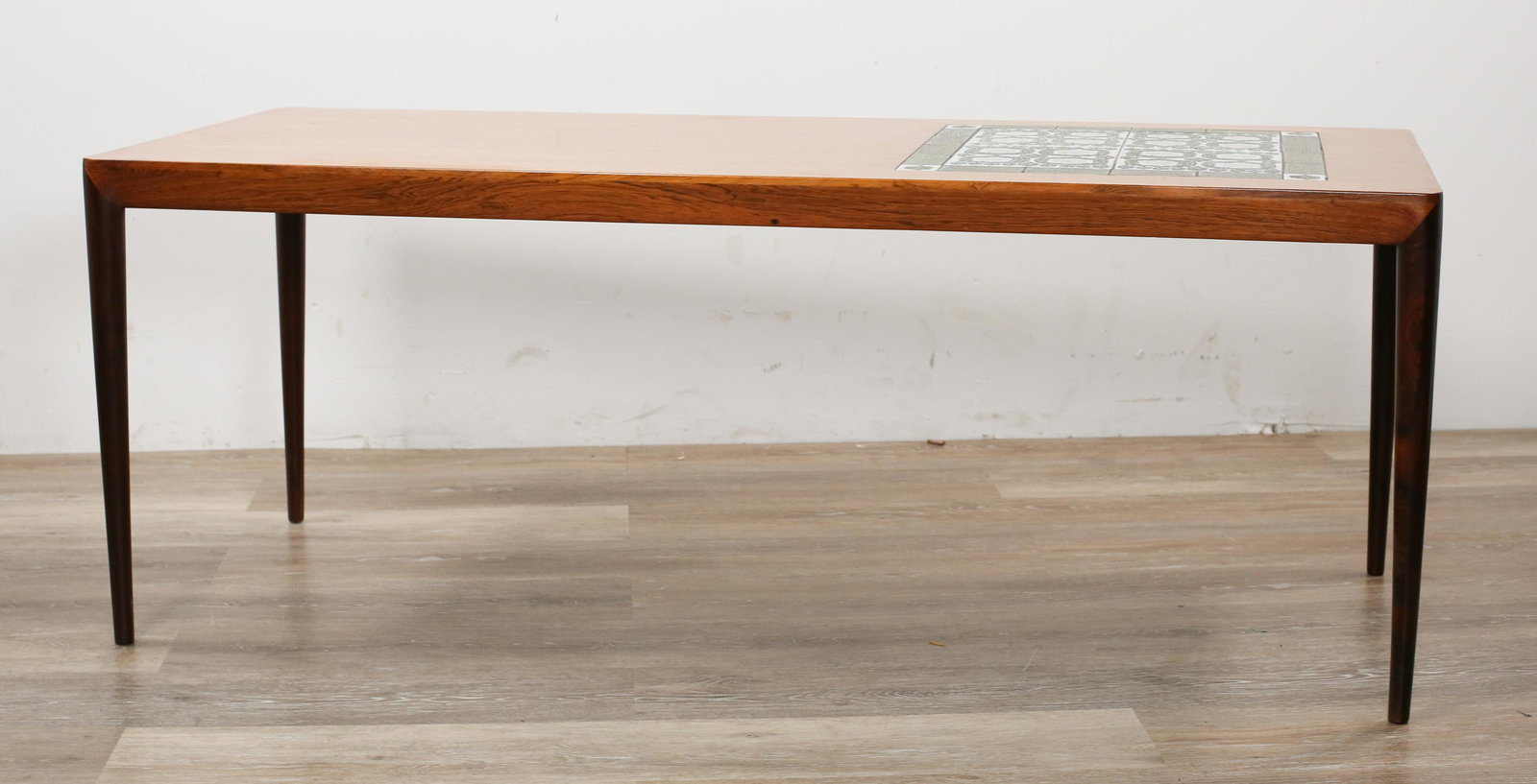 Hansen and Thorsson Danish Modern Cocktail Table: Severin Hansen Jr. and Nils Thorsson for Royal Copenhagen rosewood and tile top cocktail table. Marked on the underside with Tenera fra Den Kongelige Porcelainsfabrik stamp, manufacturer's label and D