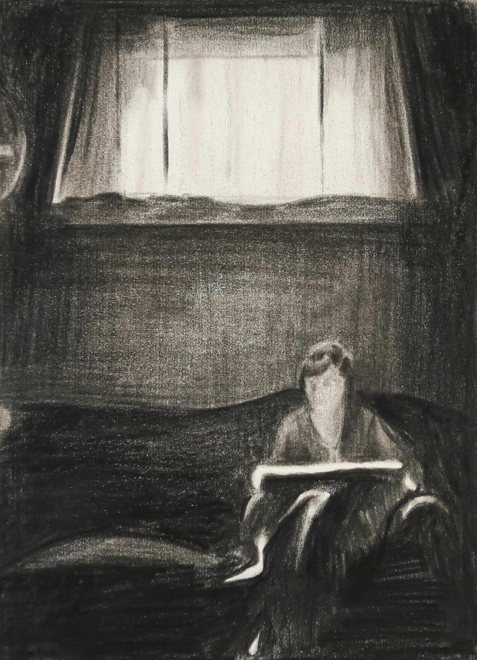 Marcel van Eeden Charcoal on Paper: Marcel van Eeden (Dutch, b. 1965) pencil and charcoal drawing on paper, woman on couch. Signed and dated 1995-183 on verso in pencil. 7 1/2" x 5 1/2".