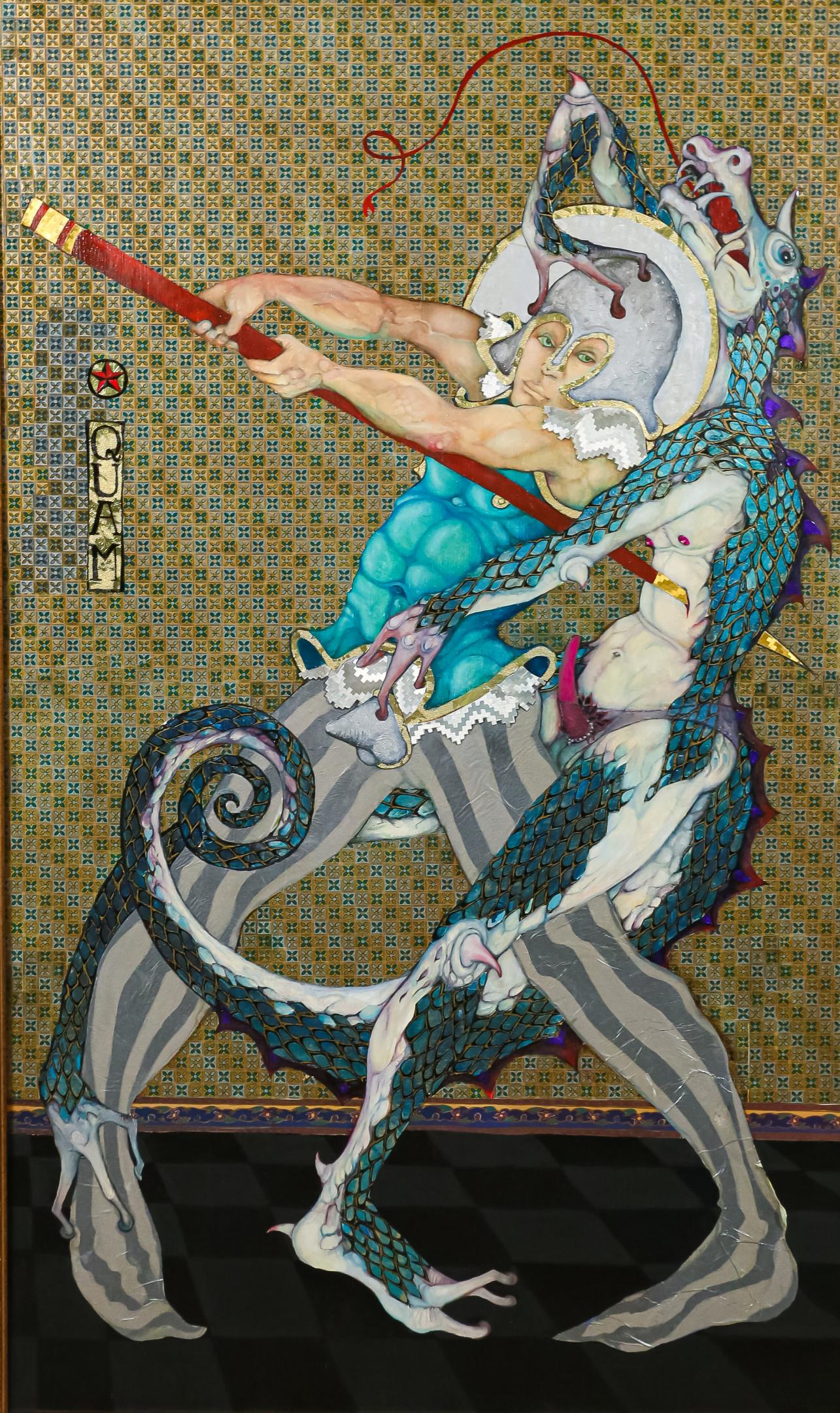 Mylo Quam Mixed Media on Wood Panel: Mylo Quam (American, North Dakota / Woodstock, NY, 1941-1996). Mixed media, oil and cut paper collage on wood panel. Knight slaying a dragon. Signed center left. 39 1/4" x 23" (with frame: 43" x 27").