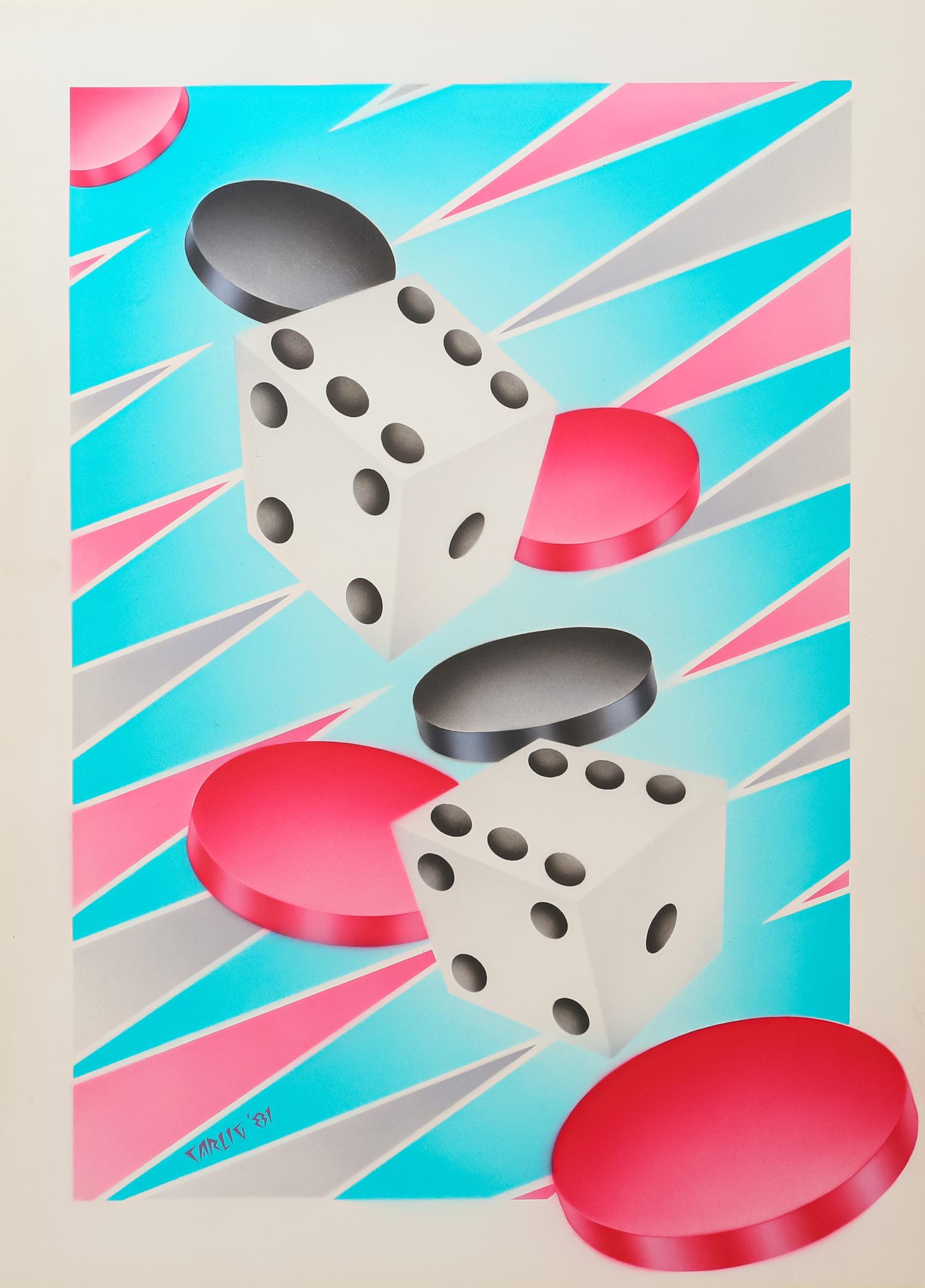 Abstract Lithograph on Poster Board Signed Carlig: Abstract lithograph on poster board signed Carlig. American, Hollywood, 1981. Backgammon pieces and dice against a magenta and cyan backgammon board field. Signed "Carlig '81" lower left. "Crescent Br