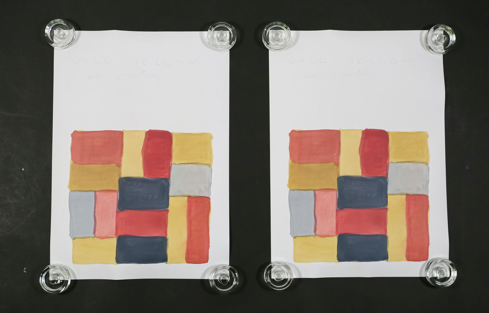 2 Sean Scully "Wall Yellow" Migrate Art Posters: Sean Scully (Irish, born 1945). 2 Wall Yellow Migrate Art posters. Offset lithography on paper. Double-sided with Mutual Aid logo, Raising for Myanmar, and artwork information on verso. Printed 2021.
