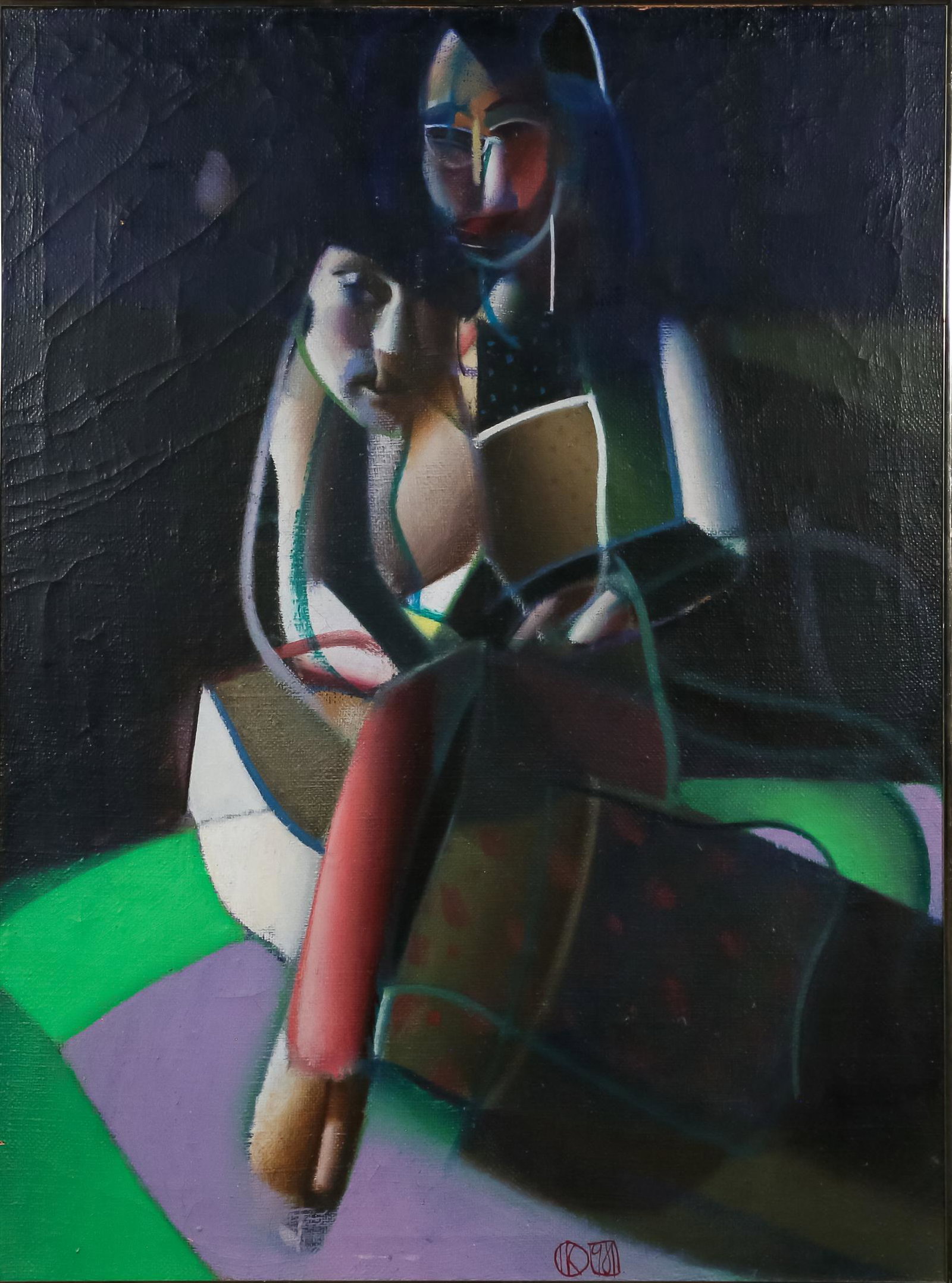 Ivan Kustura Oil on Burlap O Fata / Nightline: Ivan Kustura (Croatian, b. 1951) oil on burlap, O Fata / Nightline. Signed lower center. Dated 1981 lower center. 30" x 40" (with frame: 40 1/2" x 30 1/2"). Crazing upper right and upper left.