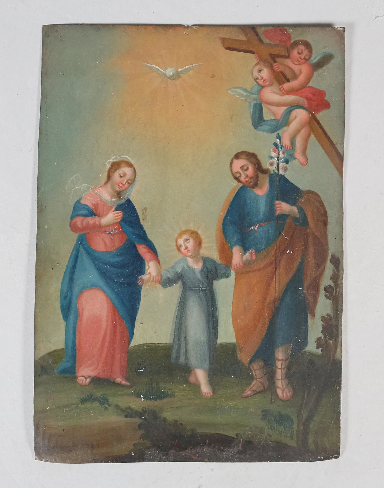 Oil on Tin Retablo Holy Family: Oil on tin Mexican retablo, The Holy Family. Signed lower center. 8 1/2" x 6". Bent corners, loss to paint lower center and center right.