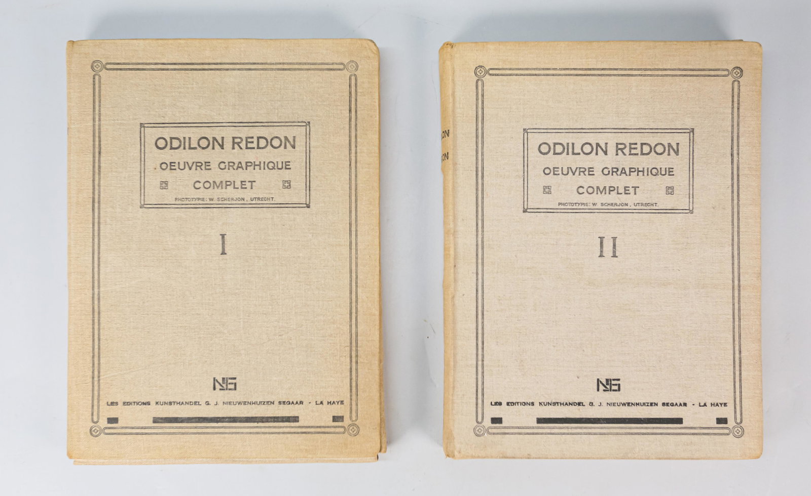 The Graphic Works of Odilon Redon Vol. I & II: Odilon Redon (French, 1840-1916) complete graphic works volumes I and II. 192 plates on china paper, taken from works between 1879 and 1890. In printed linen portfolios, each portfolio with title leav