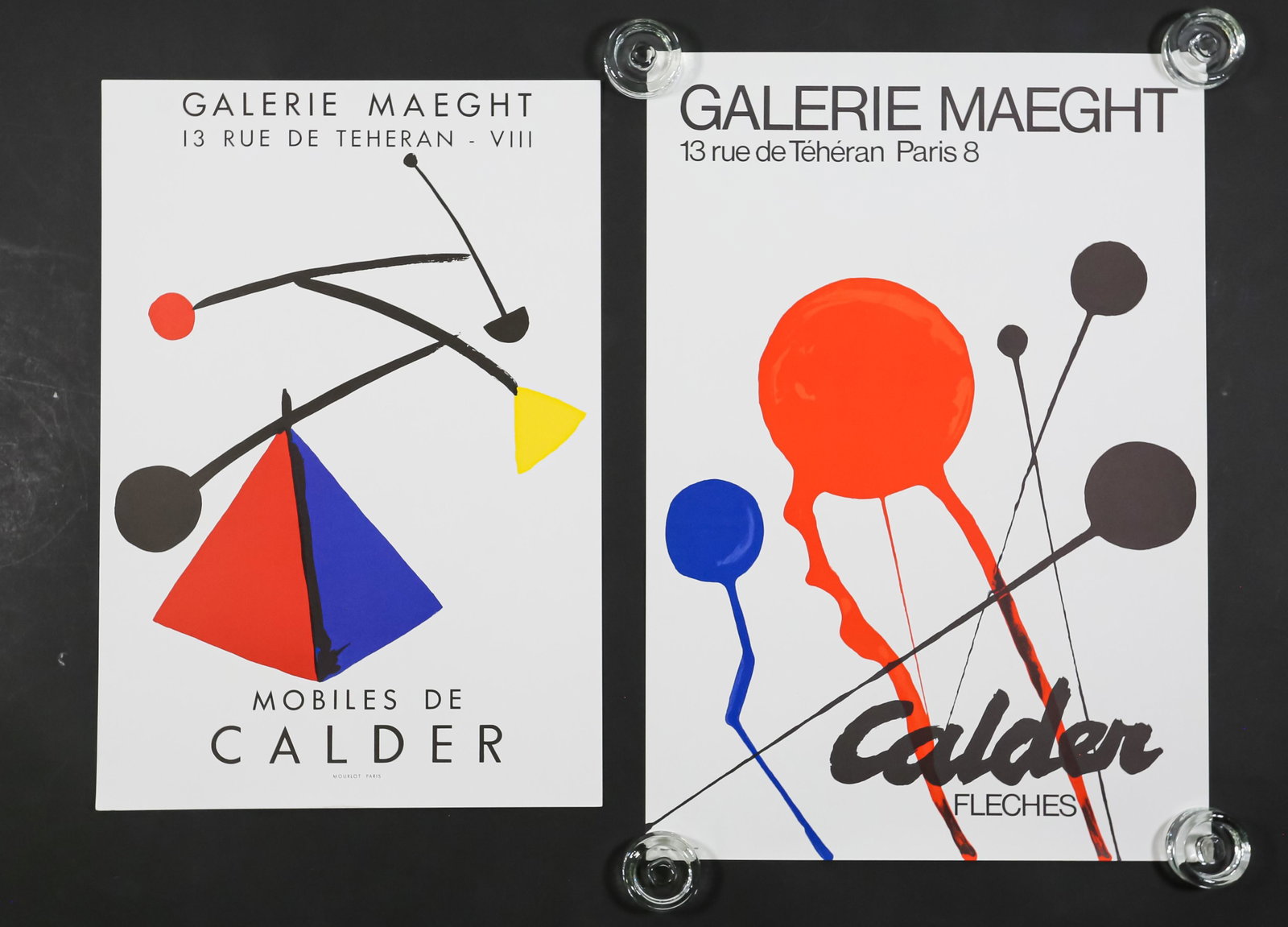 2 Alexander Calder Galerie Maeght Posters: After Alexander Calder (American, Pennsylvania / New York, 1898-1976) 2 Galerie Maeght lithograph exhibition posters. Mobiles de Calder Galerie Maeght, 22" x 17 3/4"; Calder Fleches, 28 1/2" x 20". Bo