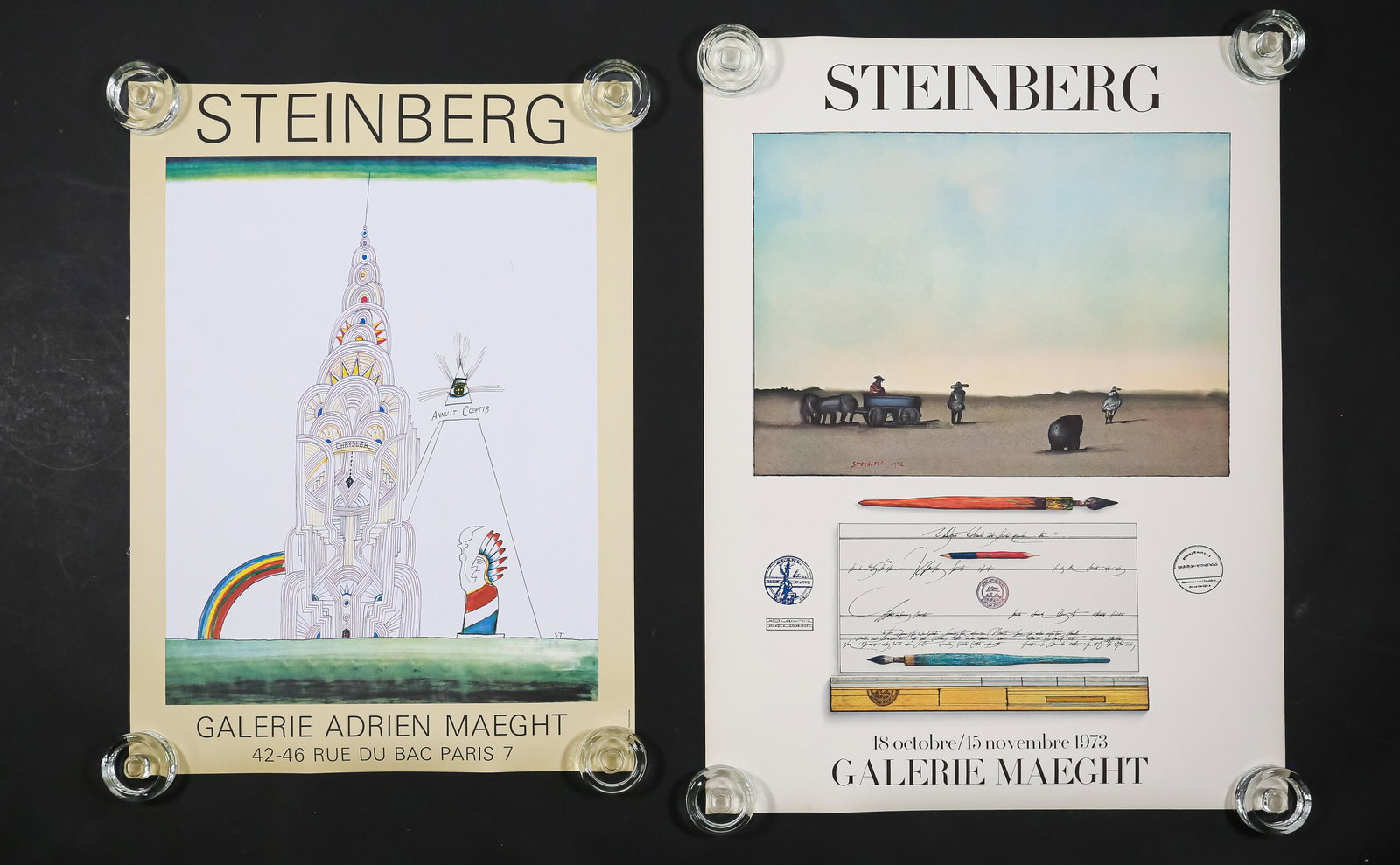2 Saul Steinberg Galerie Maeght Posters: Saul Steinberg (Romanian-American, 1914-1999) Galerie Maeght and Galerie Adrien Maeght exhibition posters. Galerie Adrien Maeght poster marked lower left, circa 1988. Galerie Maeght poster signed and