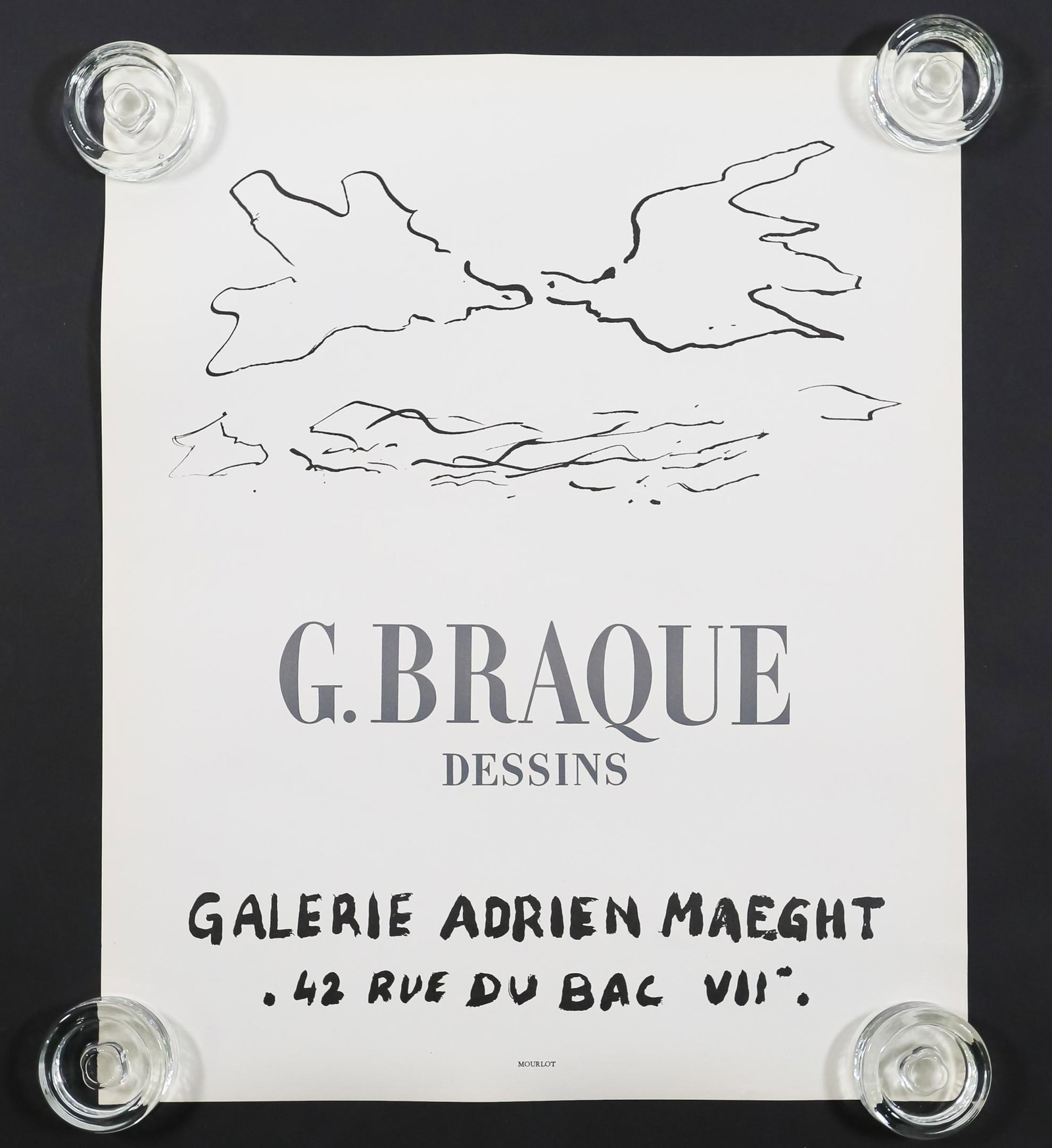 Georges Braque Galerie Adrien Maeght Poster: Georges Braque (French, 1882-1963). Lithograph poster for Braque's drawings at Galerie Adrien Maeght, 1962. Printed by Fernand Mourlot (French, 1899-1988) , marked lower center, Mourlot. 18" x 22". Fa