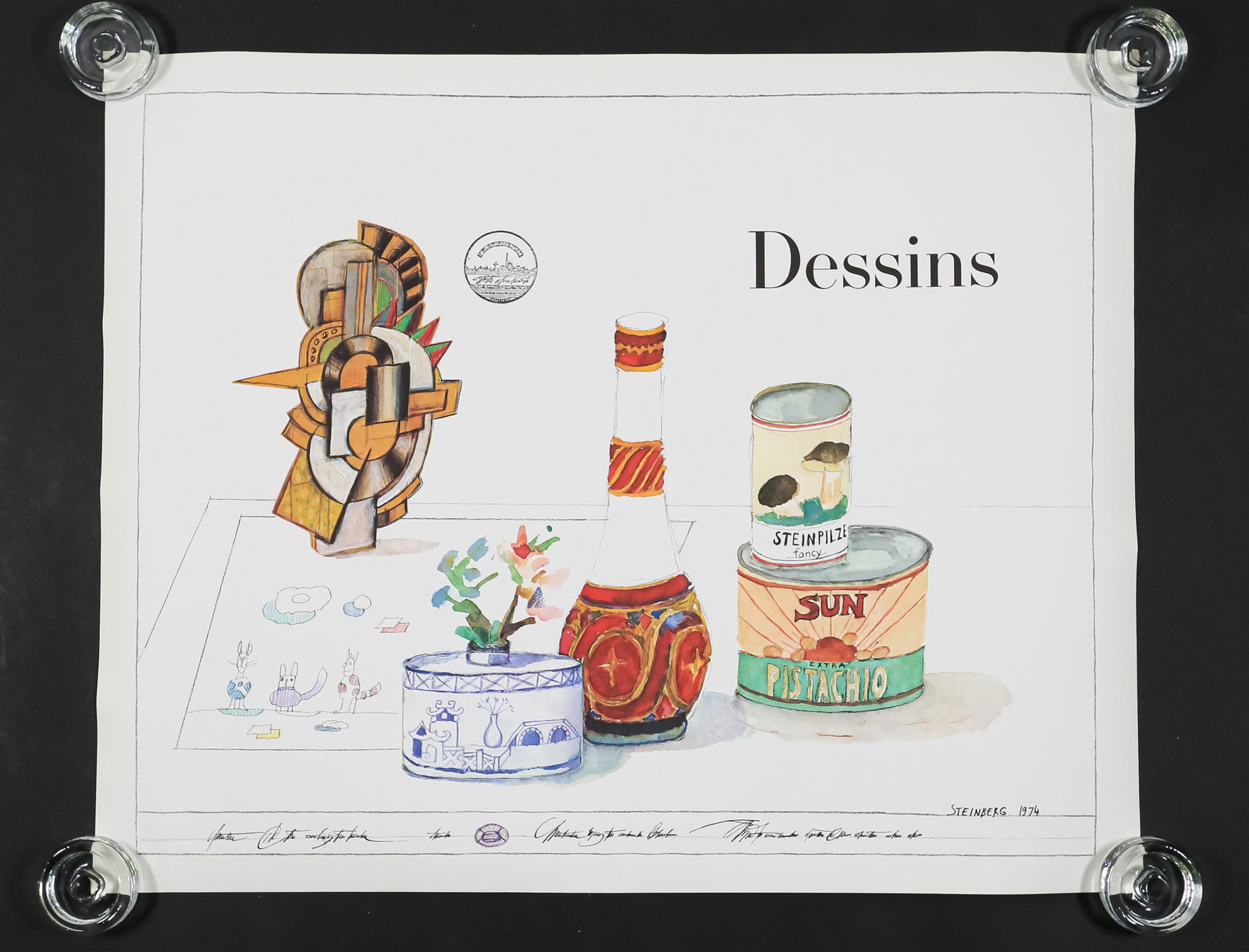 Saul Steinberg Dessins Offset Lithograph Poster: Saul Steinberg (Romanian-American, 1914-1999) offset lithograph poster on fine toothed paper. Signed and dated in the plate lower right. 29 1/2" x 24". Toning to the edges of the paper.