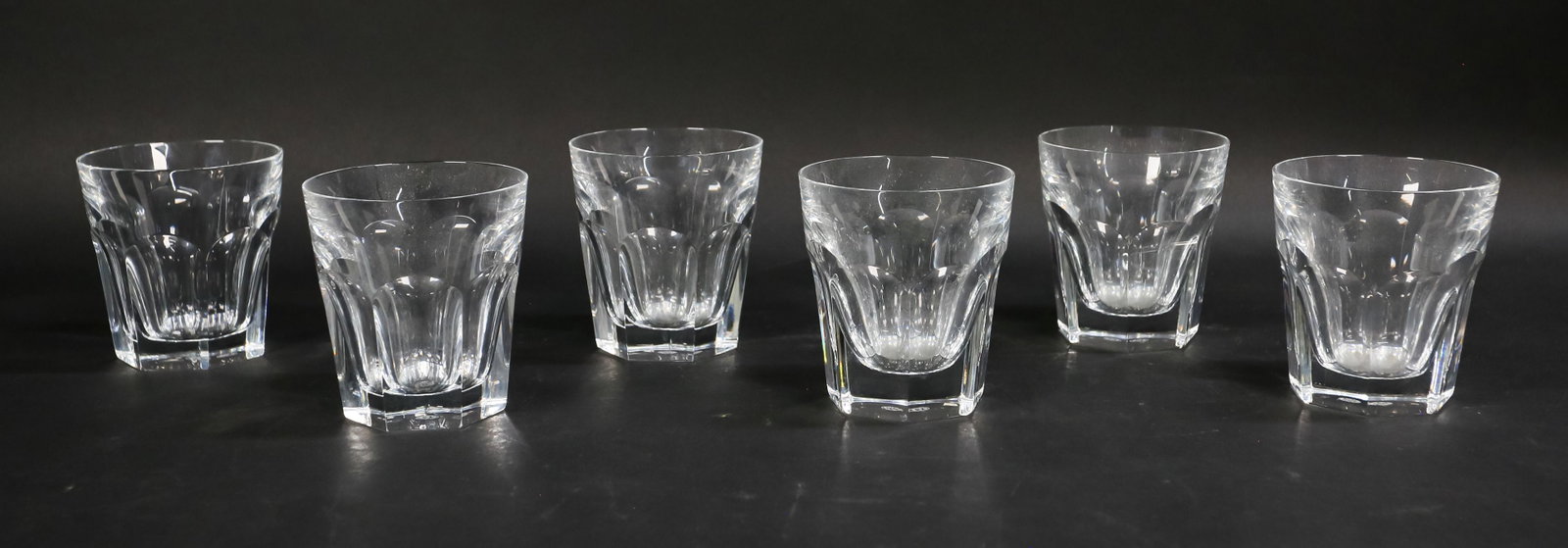 Set of 6 Baccarat Harcourt Old Fashioned Glasses: Baccarat (France, 1765-). Set of 6 Baccarat Harcourt pattern crystal old fashioneds. All with etched Baccarat France mark on the underside. Each 3 3/4"H