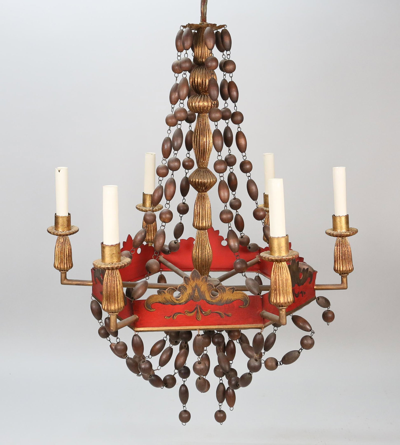 Hand Painted Tole & Wood Hanging Fixture: Hand painted tole six light chandelier with wood beads and gilt metal fittings. Untested. 26"H from ring to bottom of beads, 19 3/4"W including arms. Cracks to candleholders, wear and losses to gilt p