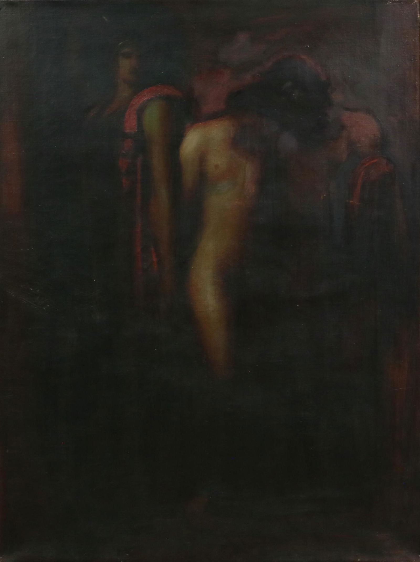 Oil on Canvas Orpheus and Eurydice: Oil on canvas Orpheus u. Eurydike Mit Hermes (In Rot). Unsigned, titled on verso. 31" x 21 3/4" (with frame 31 3/4" x 24 1/4"). Restorations throughout, crazing and paint loss to corners, scratch cent