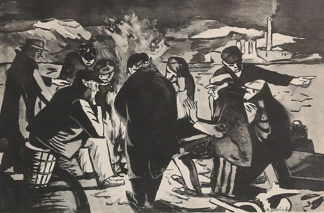 Harry Gottlieb Lithograph: Harry Gottlieb (American, 1895-1992) lithograph, workers around a fire. Signed in the plate lower right. 9" x 13 1/2" (with frame: 19 3/4" x 23 1/8")
