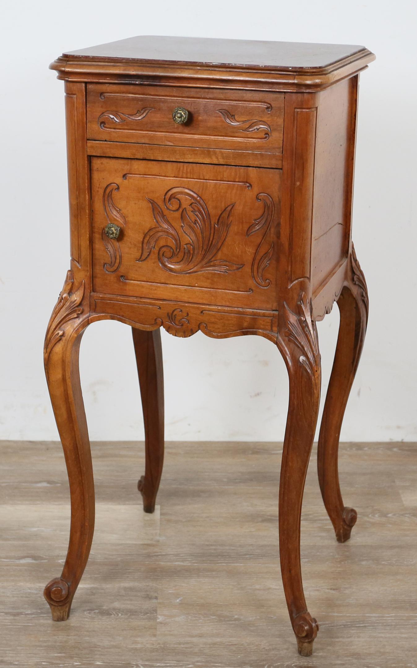 19th Century Louis XV Marble Top Nightstand: 19th Century Louis XV marble top nightstand or smoking stand. French, 19th Century. Walnut, red and white marble, cabriole legs with carved acanthus mounts. One drawer, door opens to reveal white marb