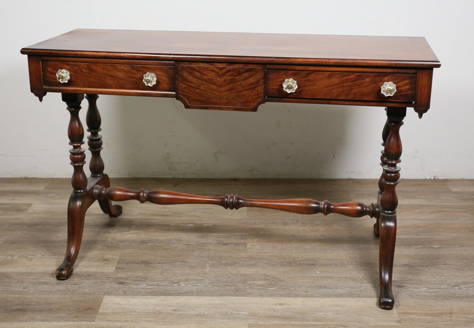 Widdicomb Empire Style Desk: Widdicomb Empire style desk. Grand Rapids, Michigan, 1931. Two drawers, crystal knobs. Metal Widdicomb label on inside of right drawer. Wear and staining to left side of top, some small scratches on r