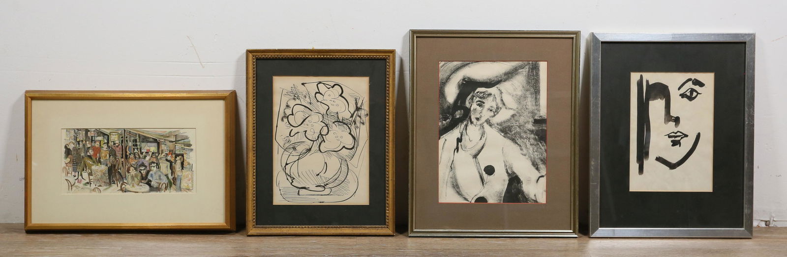4 Piece Art Lot: 4 piece art lot. Irwin Stavitsky pen and ink on paper vase of flowers, unsigned, 10 3/4" x 7 3/4" (with frame 15" x 12"); pen and ink and watercolor on paper cafe scene, initialed lower left, 5 1/4" x