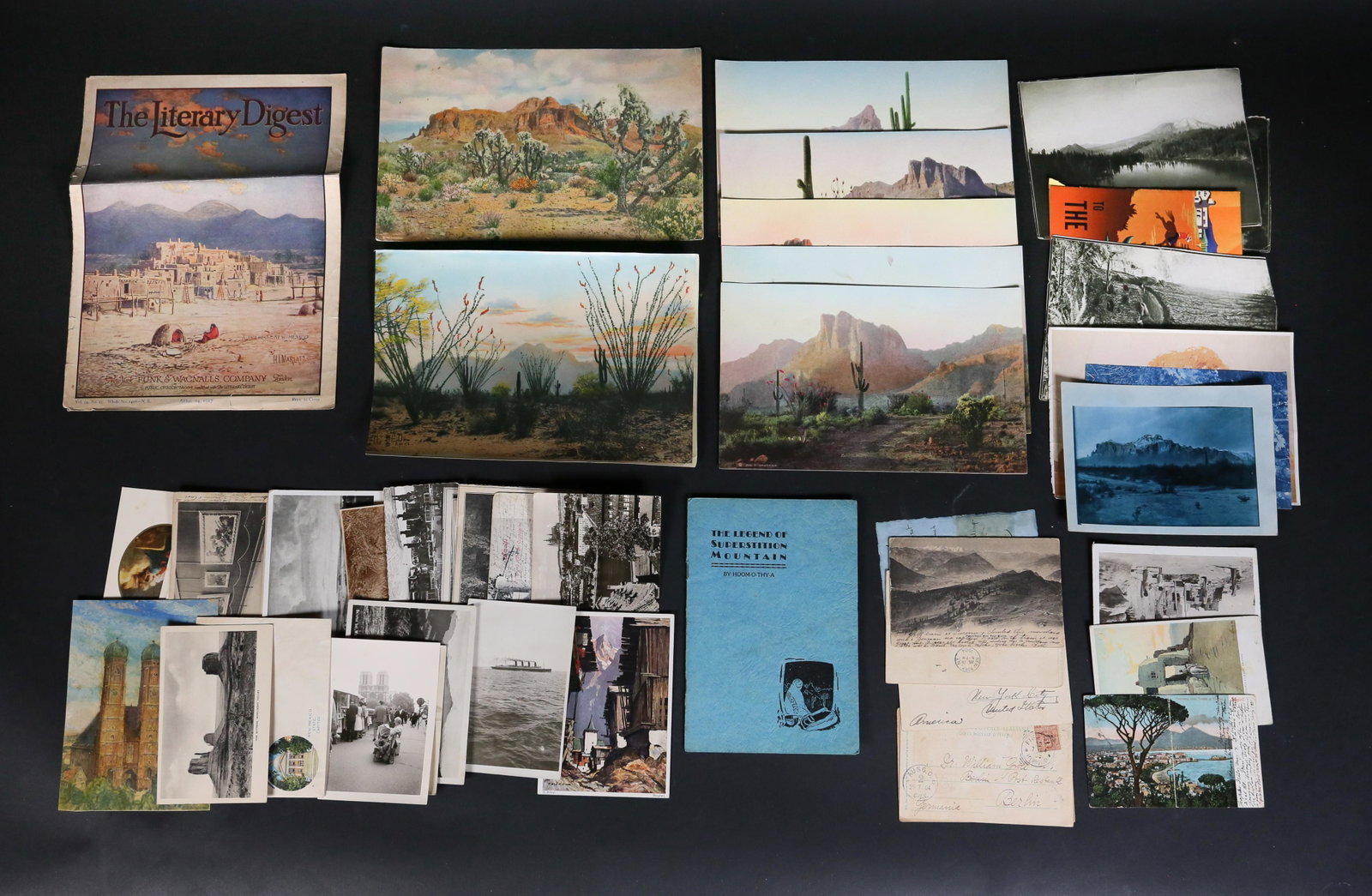 Postcards from the Collection of Albert Groll: Postcards, magazine clippings and prints from Italy, Prague, Paris and the American Southwest. Also included The Legend of Superstition Mountain by Hoomothya (Mike Burns). Published 1935 by Arrowhead 